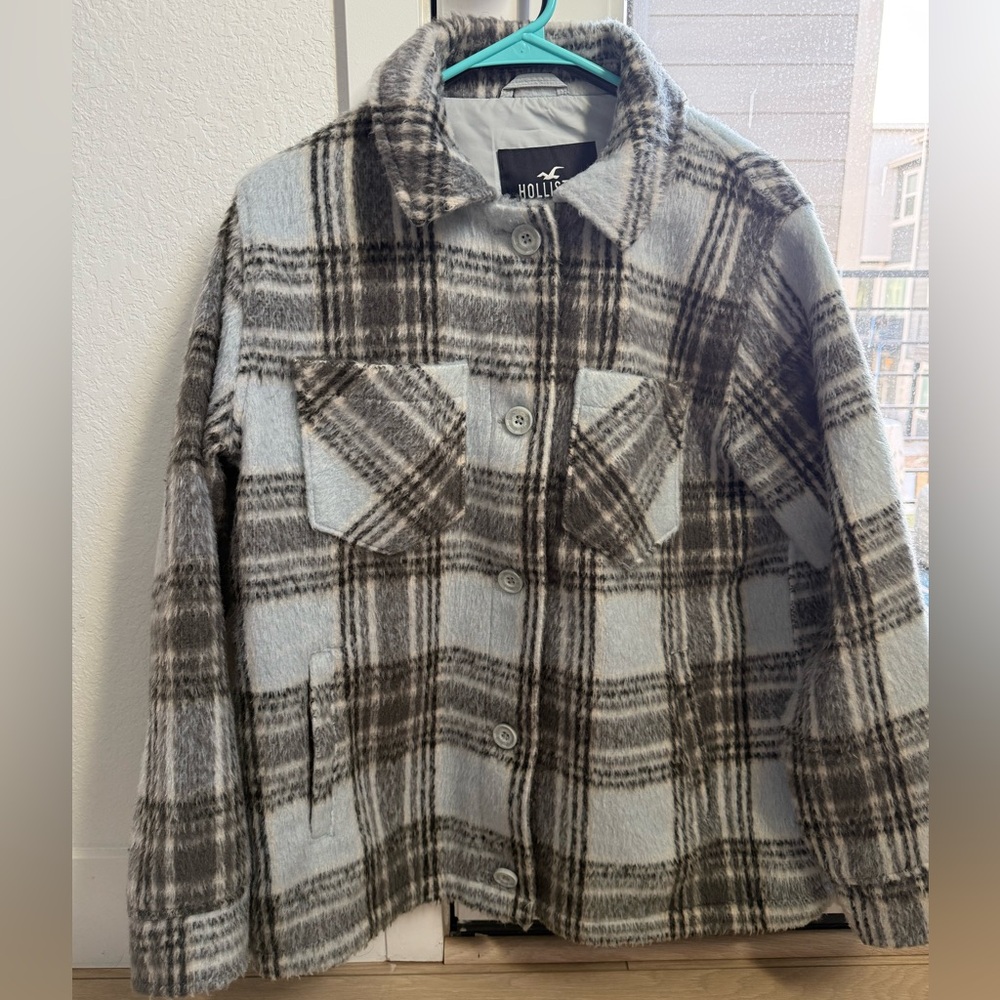 Hollister Women's Plaid Jacket - Baby Blue, Black and Gray